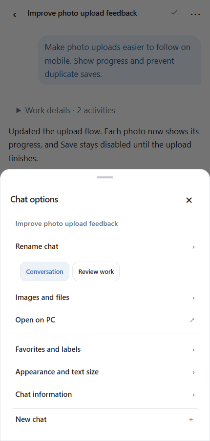 Phone chat options including rename, labels and appearance
