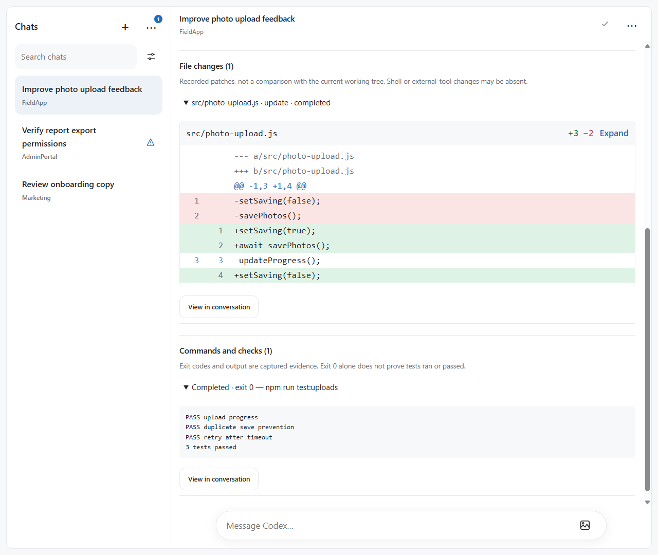 Recorded file changes and command results