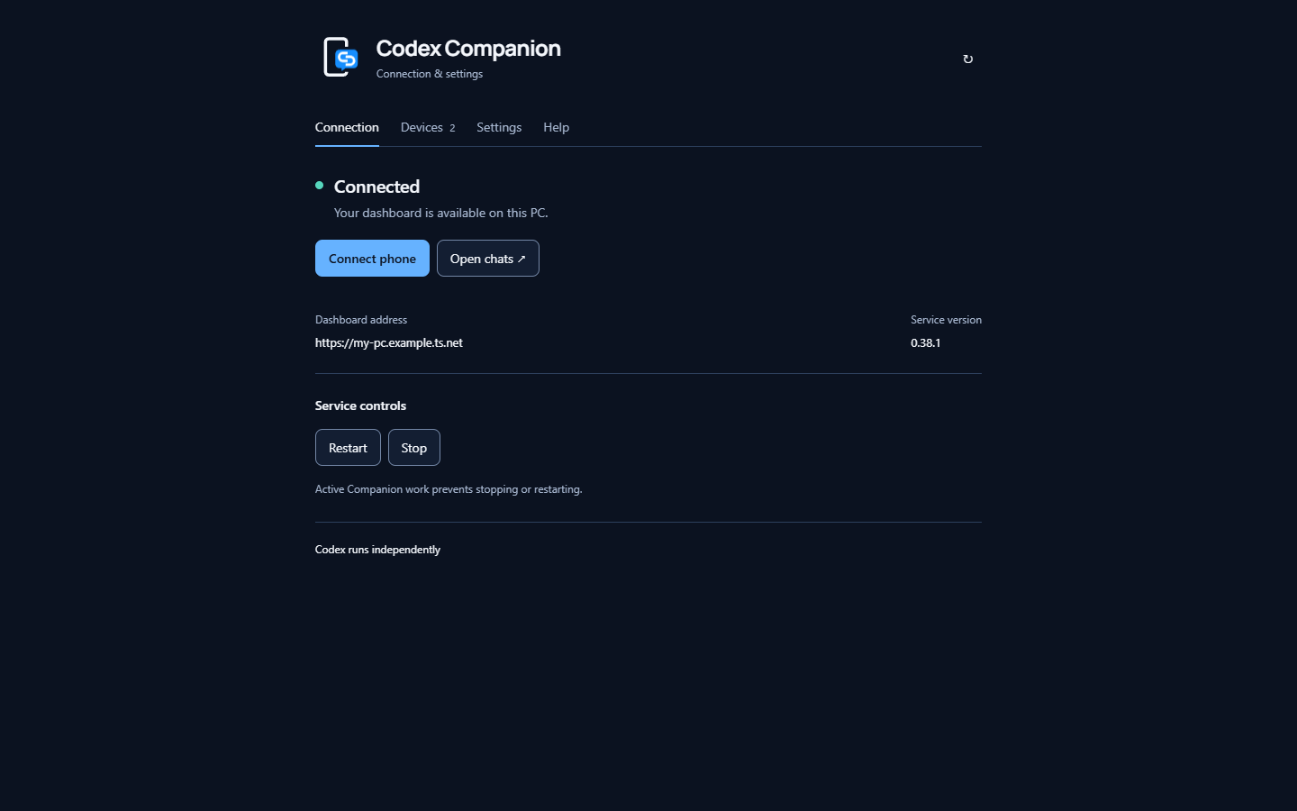 Companion Connection settings in VS Code