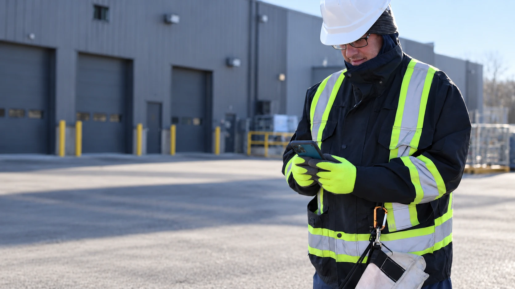Illustration of a worker using a mobile phone outside an industrial building